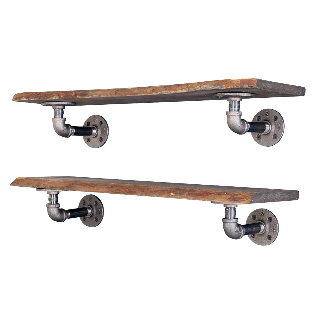 Live Edge Wood Shelf With Industrial L-Shaped Pipe Brackets (Set of 2) Williston Forge 