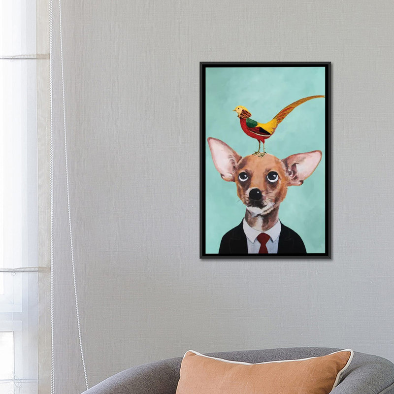 «Chihuahua With Bird» par Coco de Paris, impression sur toile tendue, H 26 po x l 18 po x P 1,5 po, Toile avec cadre noir