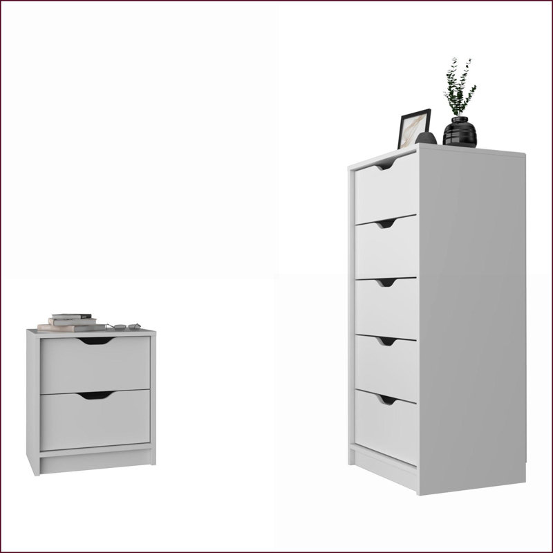 Ensemble de chambre à coucher moderne 2 pièces avec table de chevet et commode blanc neige | Panneau de particules | Blanc