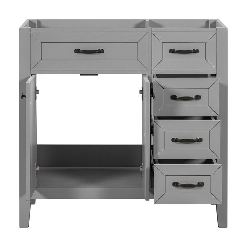 Grey 36" Bathroom Vanity Base - Solid Rubber Wood & Modern Style Cabinet With Drawers Rack Freestanding Fixture Assembly Required Base, Construction Contemporary