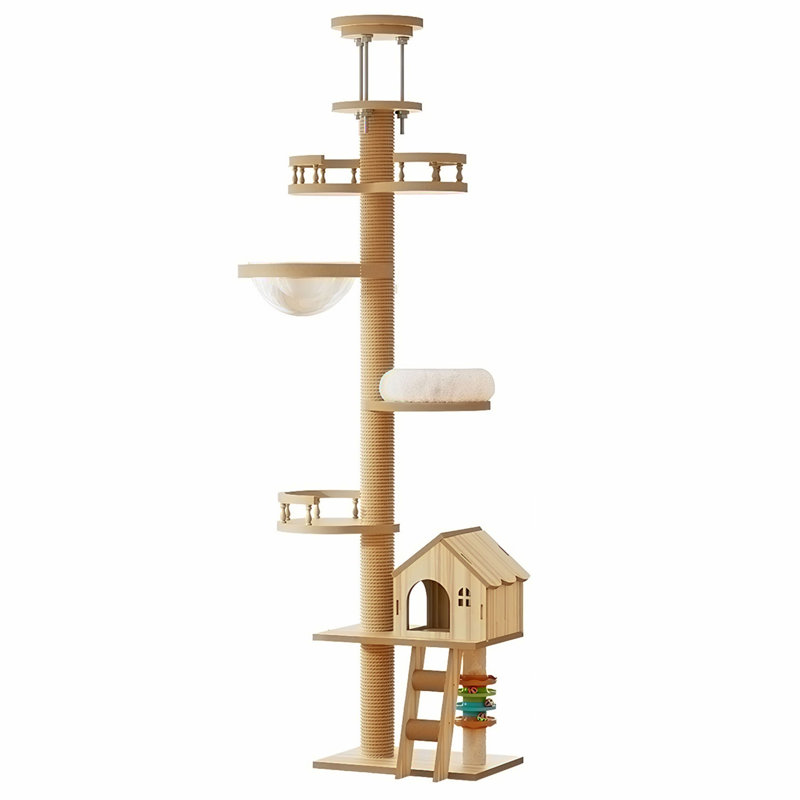 Tour pour arbre à chat avec poteau à griffes du sol au plafond, hauteur réglable (98 à 110 pouces) et hamac