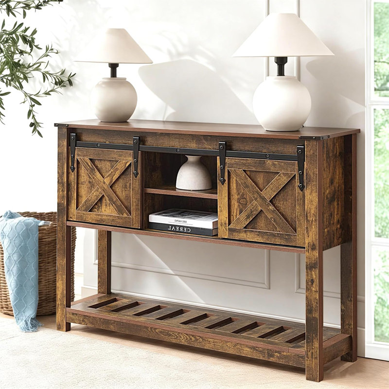 Entryway Table with Storage Shelf, Sliding Barn Doors Console Table for Living Room Hallway, Brun rustique