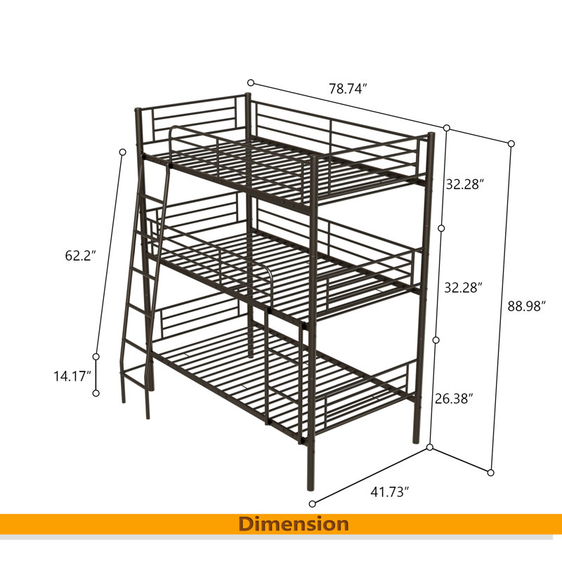Bedroom Dormitory Twin Size White Metal Triple Bunk Bed Can Be Disassembled Into Three Beds, Black