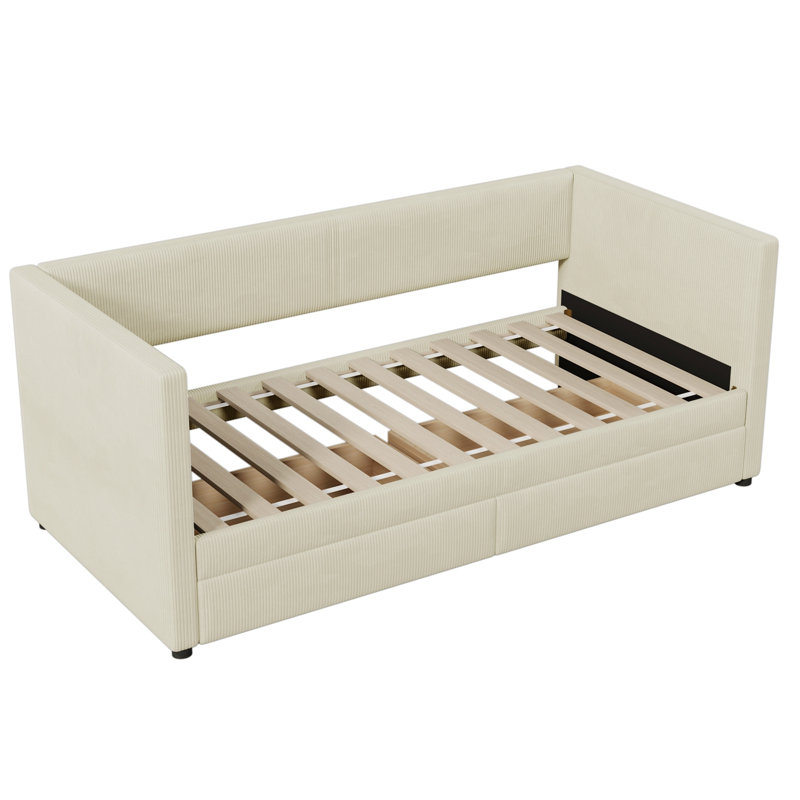 Modern Twin Size Corduroy Daybed with Two Drawers and Wood Slat, Beige