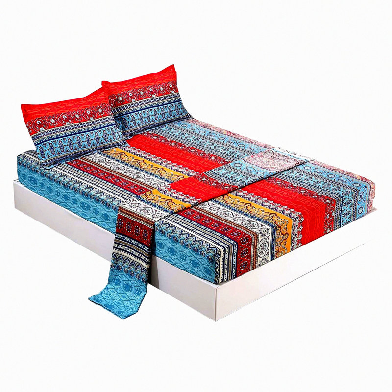 BohoLux Microfiber Queen Sheet Set - 4PCS Red Deep Pocket Fitted Sheets, Hotel Quality Luxury Striped Soft Bedding, Colorful Bohemian Style Sheets Set for Queen Size Beds.