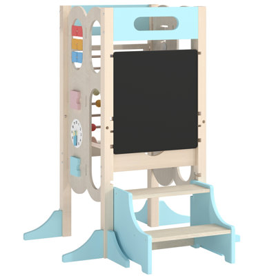 Marchepied de cuisine 6 en 1 pour tout-petits, tour d'apprentissage Montessori pliable avec tableau noir, boulier, horloge, marches amovibles, hauteur réglable, cadeau idéal pour les enfants de 3 à 6 ans (garçons et filles), bleu