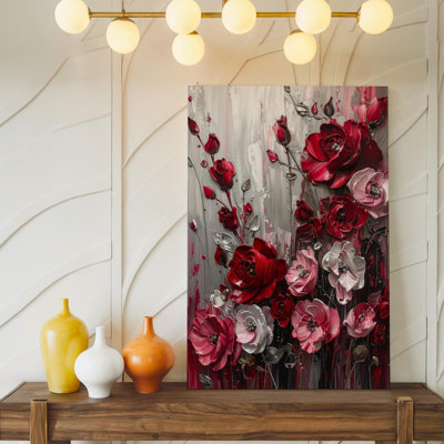 Sculpted Roses Floral Canvasmetallic Silver And Red 3D Textured Art Wall Art Canvas Ready To Hang Gallery Wrapped Home Decor Modern Design