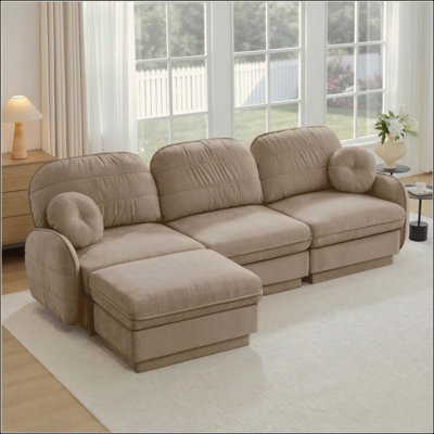 Canapé en L surdimensionné en chenille surdimensionné, canapé à assise profonde avec repose-pieds mobile, coussins ronds et coussins de dossier matelassés exquis, pieds de cadre de base encastrés, assemblage facile, convient au salon