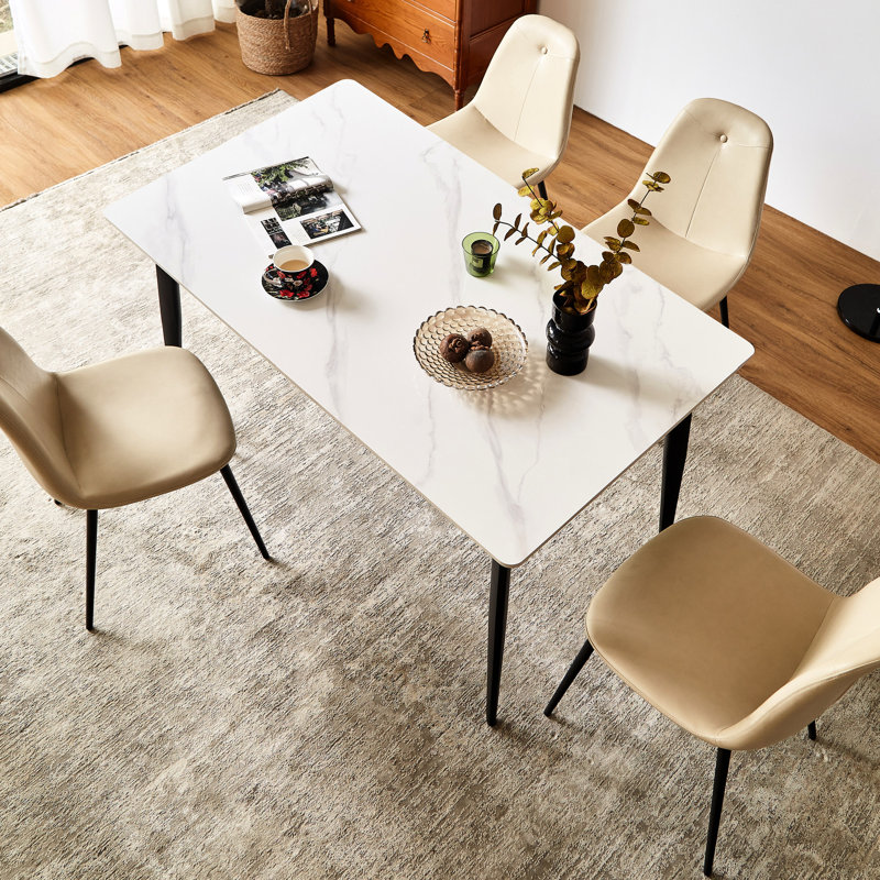 White Ceramic Tile Top Dining Table With Metal Legs, Rectangular 54.03" H Porcelain Mid Century Style