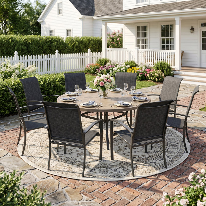 8-Person Round Patio Dining Set With Stackable Textilene Chairs, Black/Brush Wood Gray
