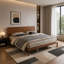 Base de lit très grand Mid-Century avec tête de lit inclinée, lit en bois de noyer avec lattes robustes-132393257-132393259