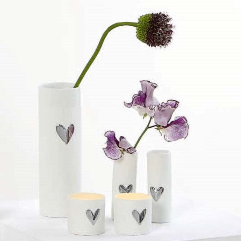 Love Heart Vases and Tealights Set, White;Gold