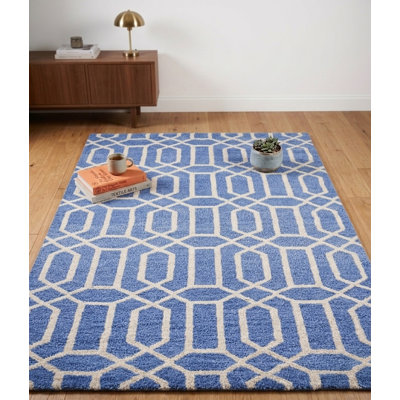 Bleu | Tapis intérieur géométrique beige en laine noué à la main