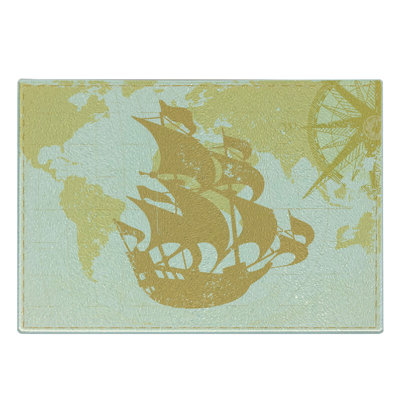 Ambesonne Nautical Tempered Glass Cutting Board Old World Map Sailboat Beige