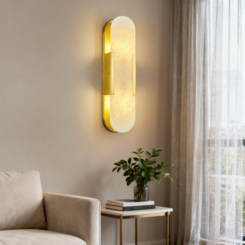 19.7 Inch Gold Brass Alabaster Wall Sconce, Modern Natural Marble Indoor Wall Lighting, Wall Light Fixture for Bathroom, Dining Room, Stairs, Bedroom (1-Pack)