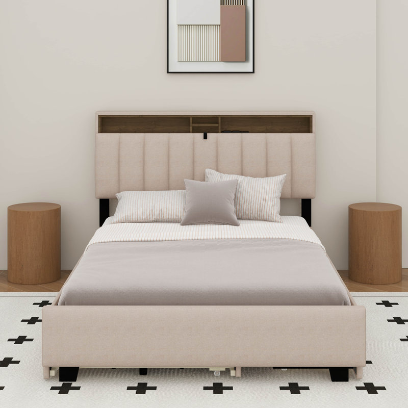 Lit plateforme tapissier avec tête de lit, lit gigogne, tiroirs et ensemble de prises et ports USB, Beige, Lit double