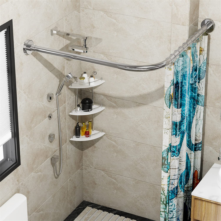 Round shower curtain rod for quarter-circle bathtub, stainless steel black  or white.
