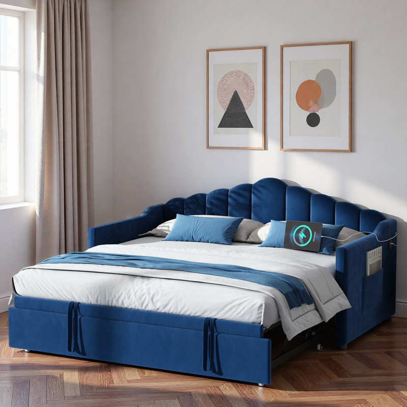 Lit de jour tapissier simple avec lit gigogne escamotable à hauteur réglable et port de charge USB et Type-C, structure de lit de jour avec 2 poches latérales, aucun sommier nécessaire, bleu