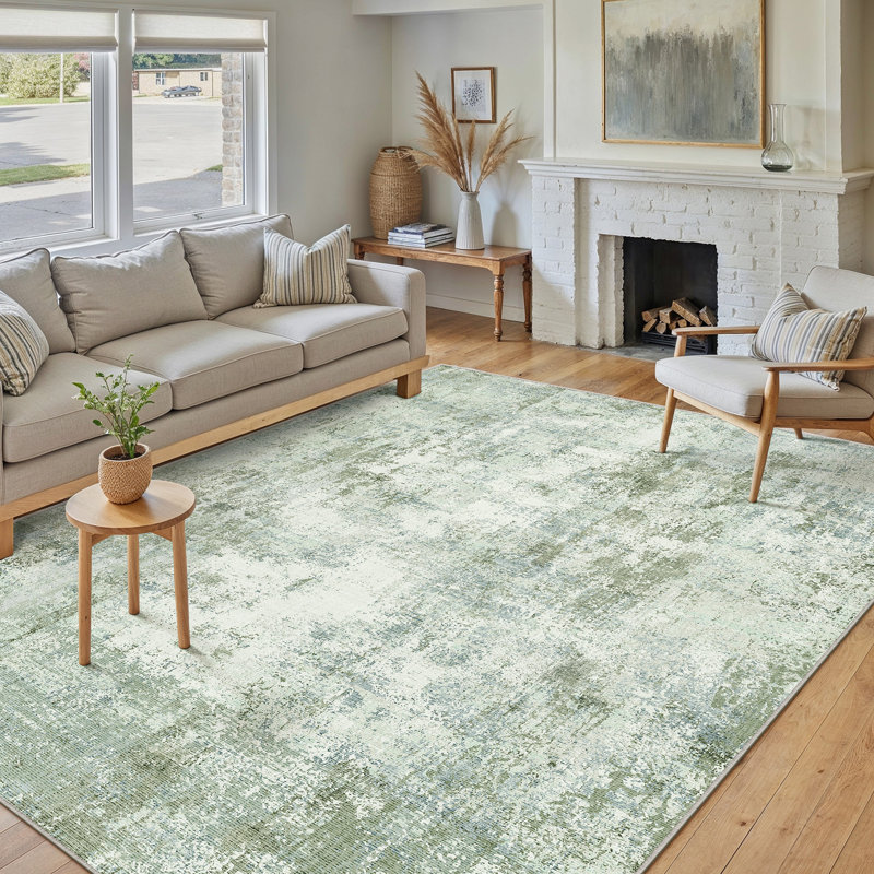 Tapis moderne lavable abstrait vert clair, Vert clair, Rectangle 9 pi x 12 pi