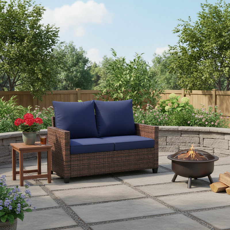 Stylish Wicker Rattan Outdoor Patio Double Loveseat, Blue