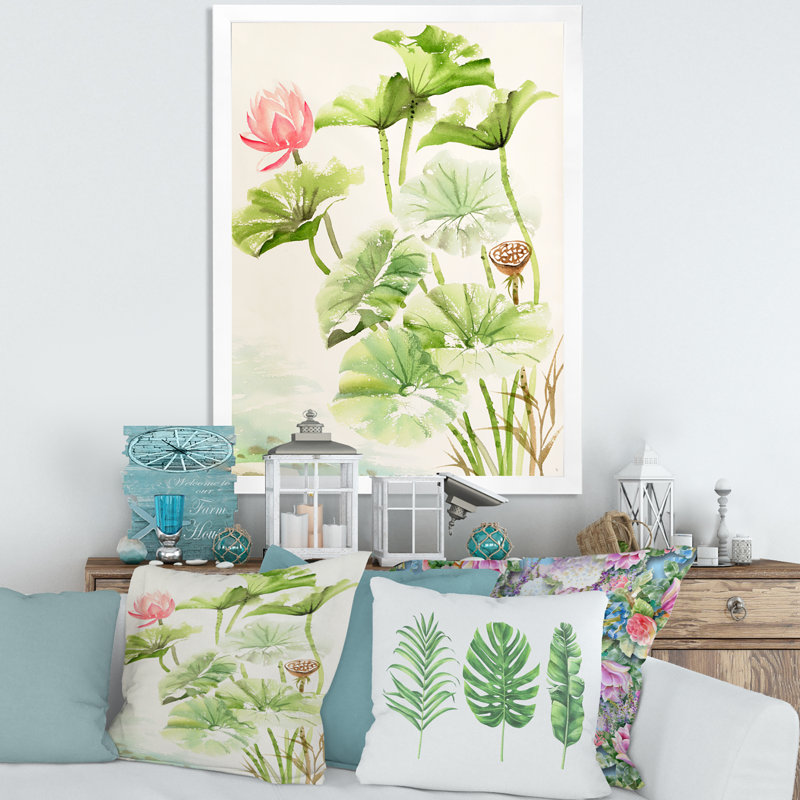 Rétro lotus roses dans l'étang IV - reproduction sur toile, H 20 po x l 12 po x P 1,5 po, Toile blanche encadrée