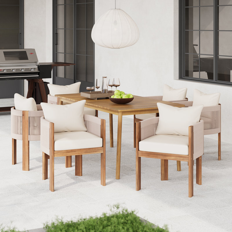 Keeton 7-Piece Modern Coastal Outdoor Dining Set With Acacia Wood Table And Rope-Wrapped Chairs With Cushions