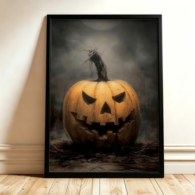 Citrouille lumineuse sculptée d'Halloween au visage menaçant, tableau sur toile encadré, cadre noir, 40 x 60 cm