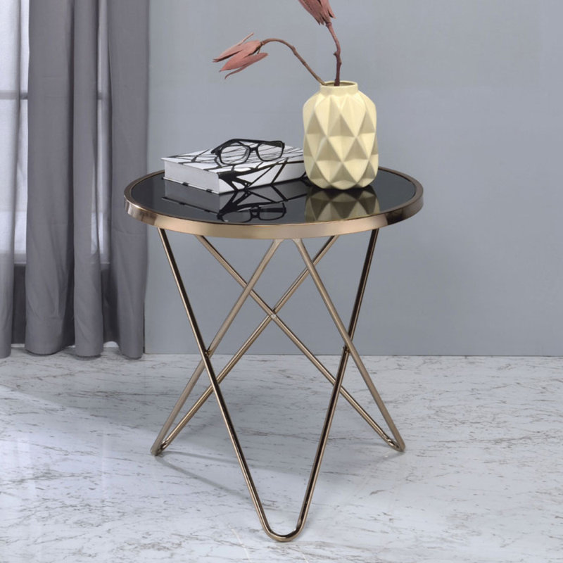 Table ronde en verre givré avec finition champagne, Noir