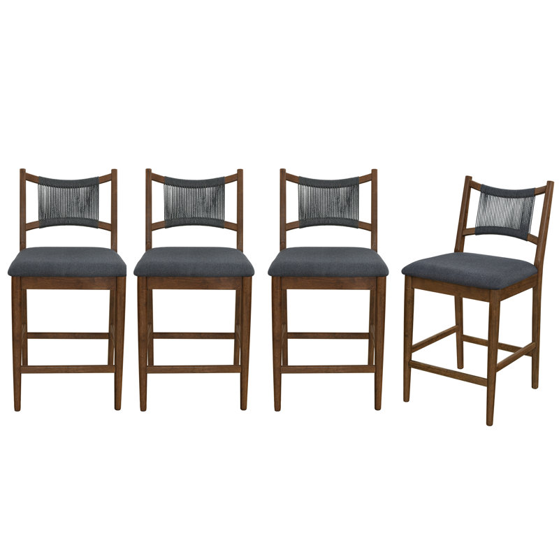 Massillon Modern Urban Rubberwood Upholstered Counter Stool with Woven Backrest, 4, Charcoal Seat/Black Rope and Walnut Frame