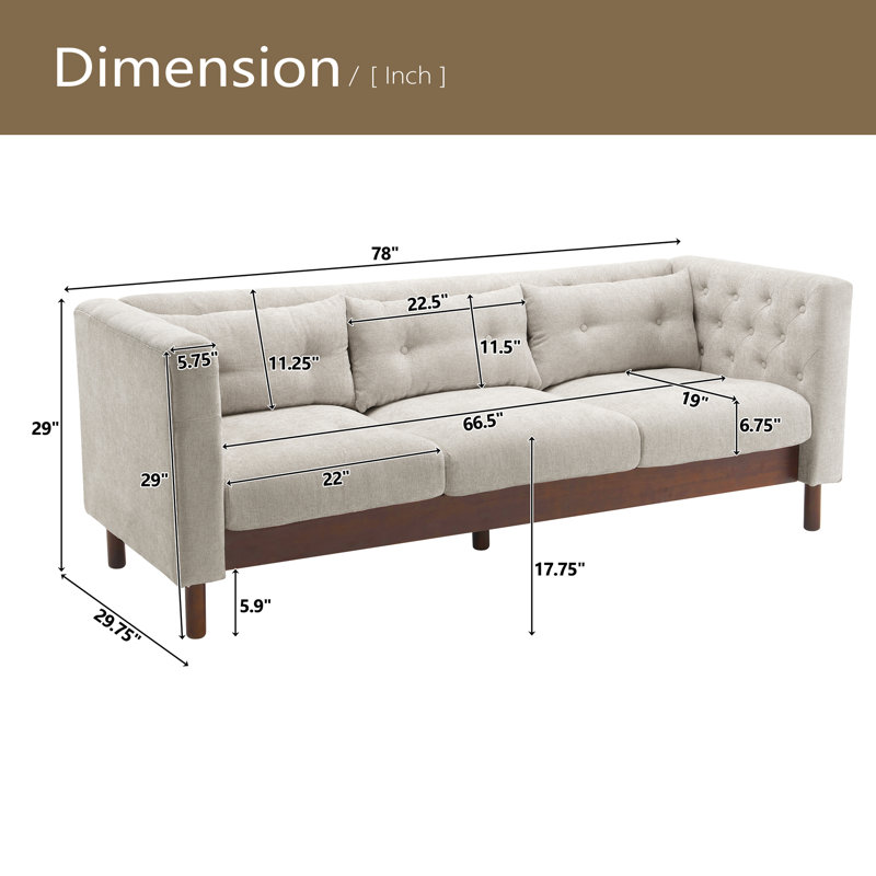 Canapé rembourré 78 po à 3 places avec canapé capitonné 78 po, Beige