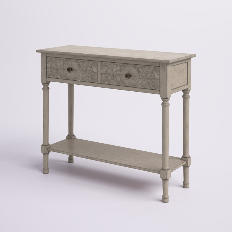 Josie Elegantly Carved Greige Wood & Metal 40'' Console Table with Storage