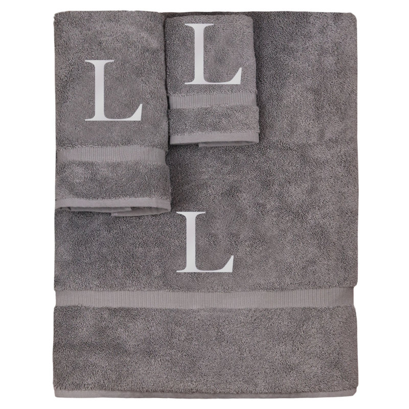 Ensemble de serviettes monogrammées - ensemble de 3 - lettre-bloc, L, Gris / Argent