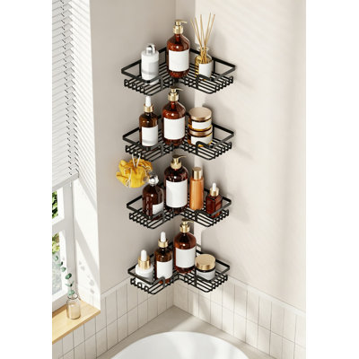 Tension Pole Shower Caddy Corner for Bathroom, Adjustable 25 to 114 Inches Floor to Ceiling, 4 Tier Standing Shower Tension Rod Organizer with Hooks, Black