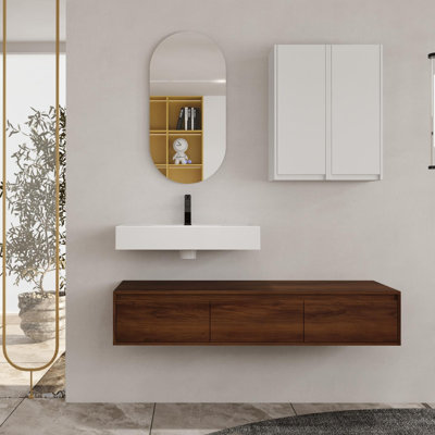 60 Inch Wall-Mounted Bathroom Vanity With Resin Sink And Side Cabinet,3-Soft Close Drawer,Float Mounting Design