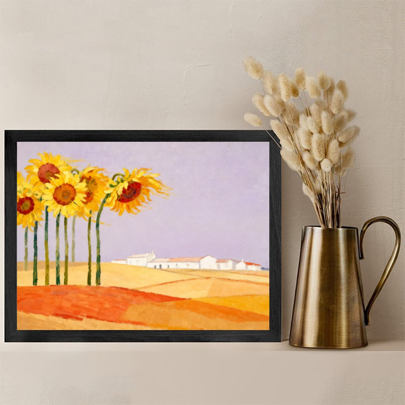 Reproduction d'art encadré noir, tournesols dorés dans le désert, style néo-impressionniste, H 11 po x l 9 po
