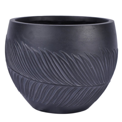 Leaf Embossed Black Ball Planter D37 H29 Cm, 23.6 Liters