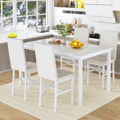 4-Piece White Faux Marble Dining Set - Space-Saving Table & Ergonomic Chairs for Small Spaces (Modern Kitchen & Dining Room)