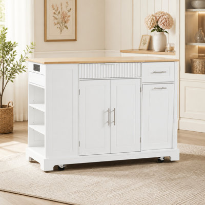 Chariot de cuisine 48,5 "de large cannelé avec armoire à poubelle et prise de courant, blanc