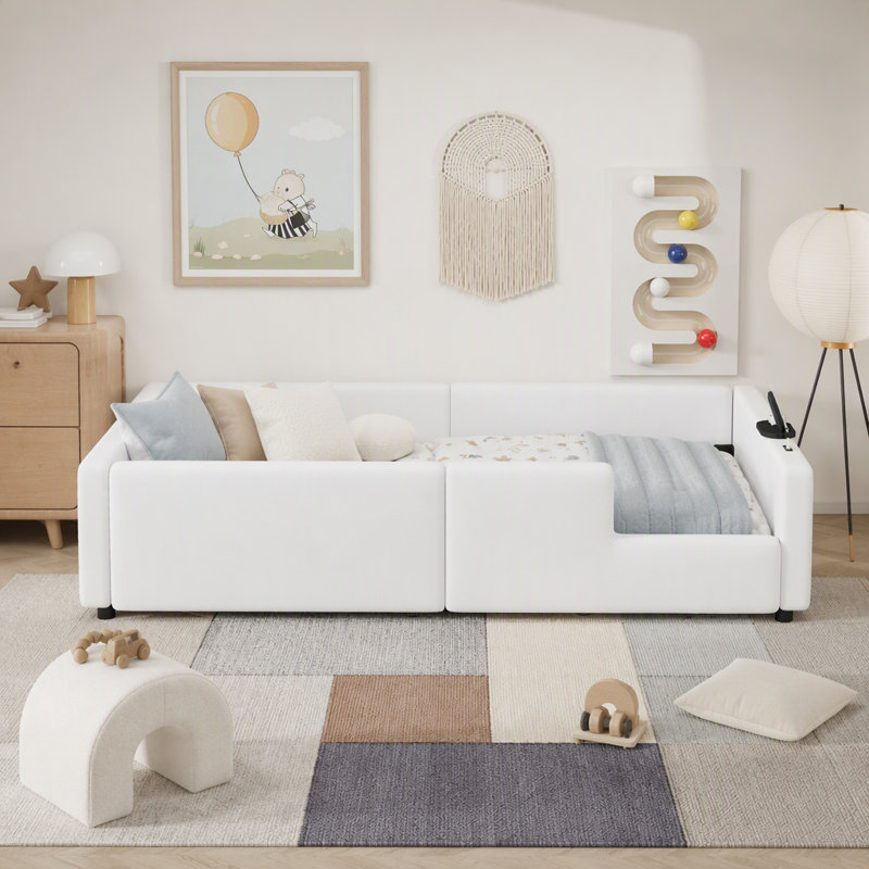 Twin Size Upholstered Platform Bed, White
