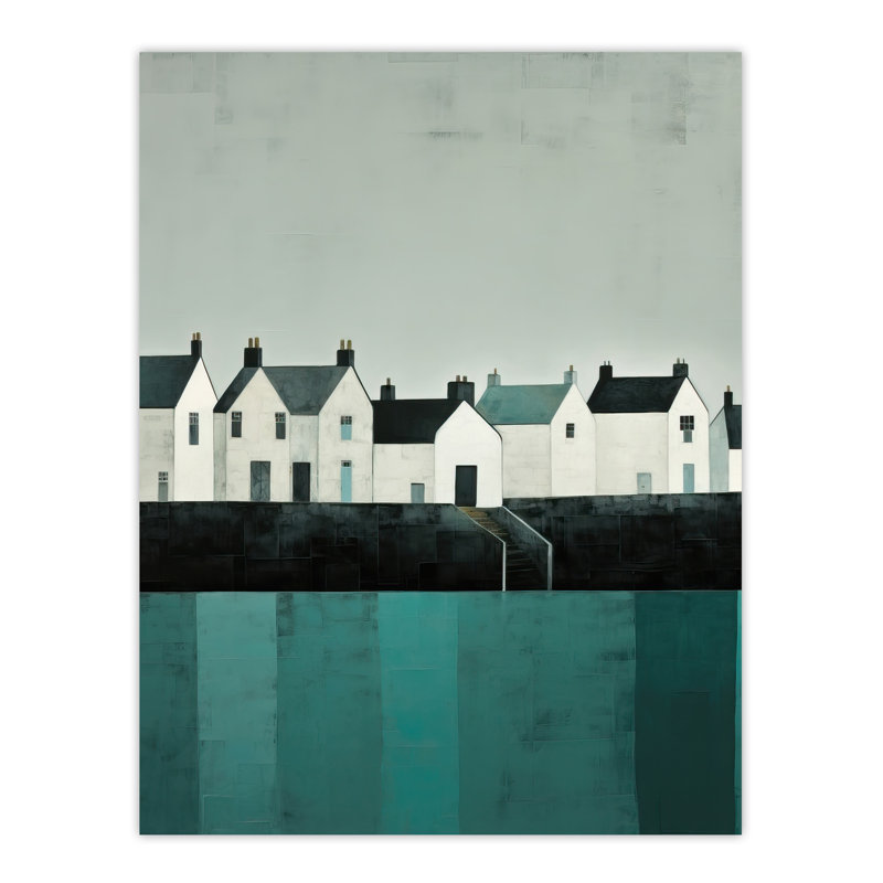 Wall Art Print Scottish Harbour Morning Grey Sky Quiet Sea Town Oil Painting Poster