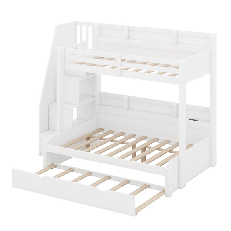 Structure de lit simple superposé avec lit gigogne et escalier de rangement, lit plateforme en bois avec tablettes de rangement, garde-corps et station de charge