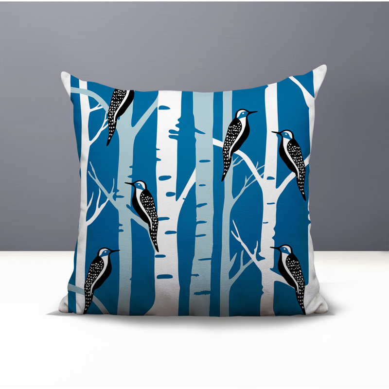 Oreiller carré réversible intérieur / extérieur Fiore Bird, Carré 15 po, Turquoise