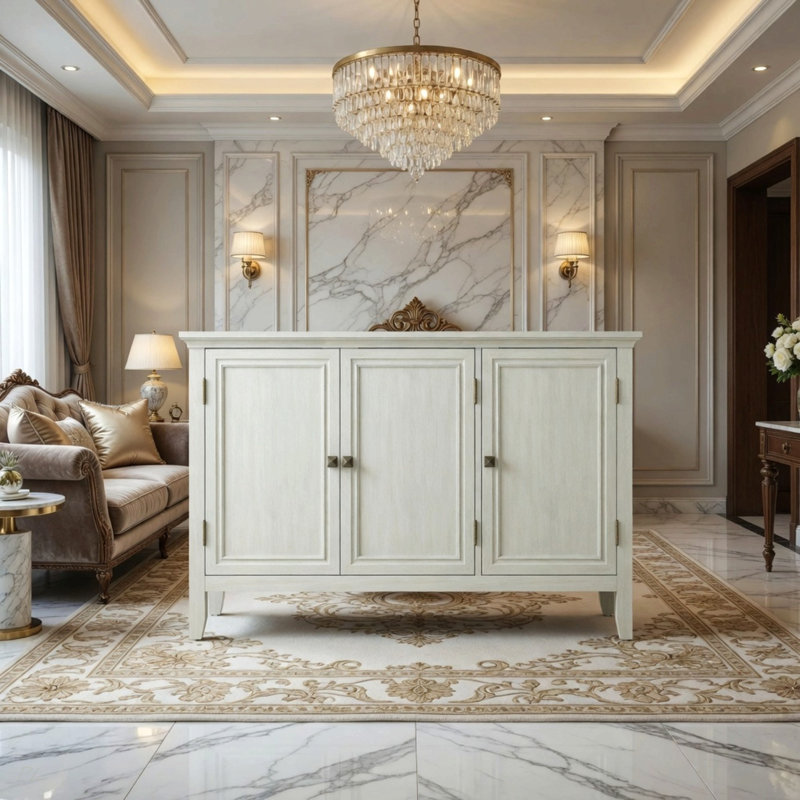 Buffet à 3 portes de 47,2 po de largeur, blanc grisâtre et bohémien