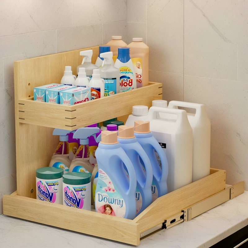Organisateur sous évier et rangement l 19 ½ po x P 21 po, organisateur d'armoire coulissant à 2 niveaux avec fermeture rigide, organisateur d'armoire coulissant réglable avec support en U pour la cuisine de la salle de bain (à gauche)