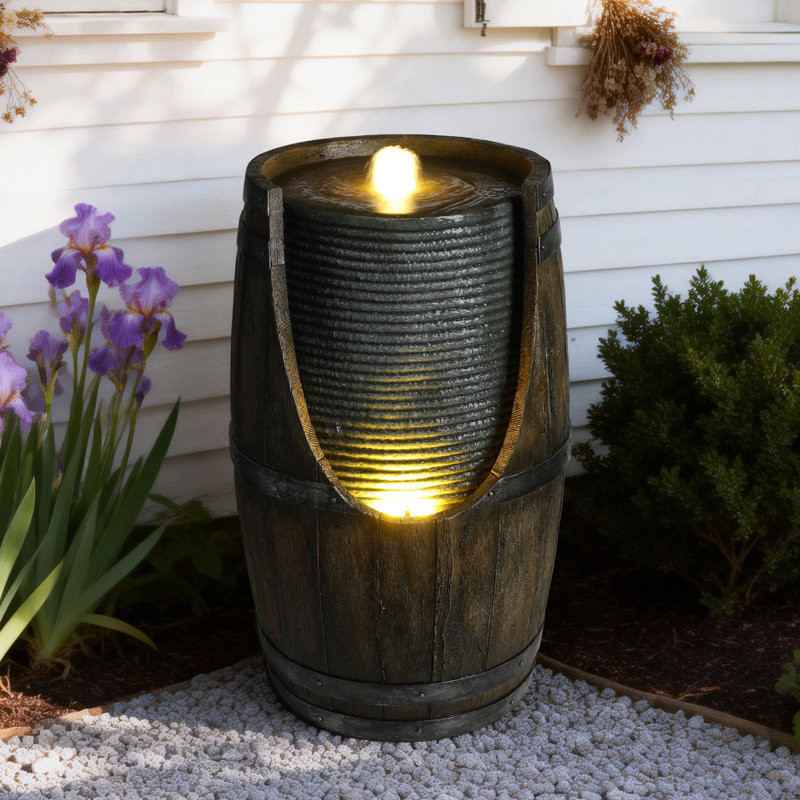Rustic Barrel Outdoor Water Fountain with Bird Waterer, Warm LED Lights, and Weather-Resistant Polyresin Garden Waterfall
