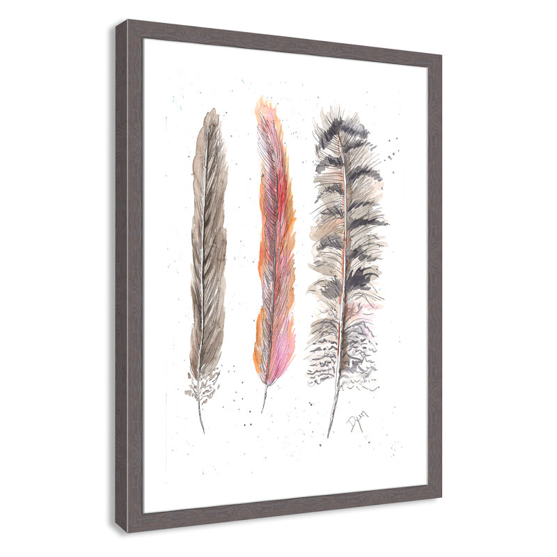 Art juvénile, plumes de plumes II, H 36,5 po x l 26,5 po x P 0,6 po, Encadrement fil du bois gris