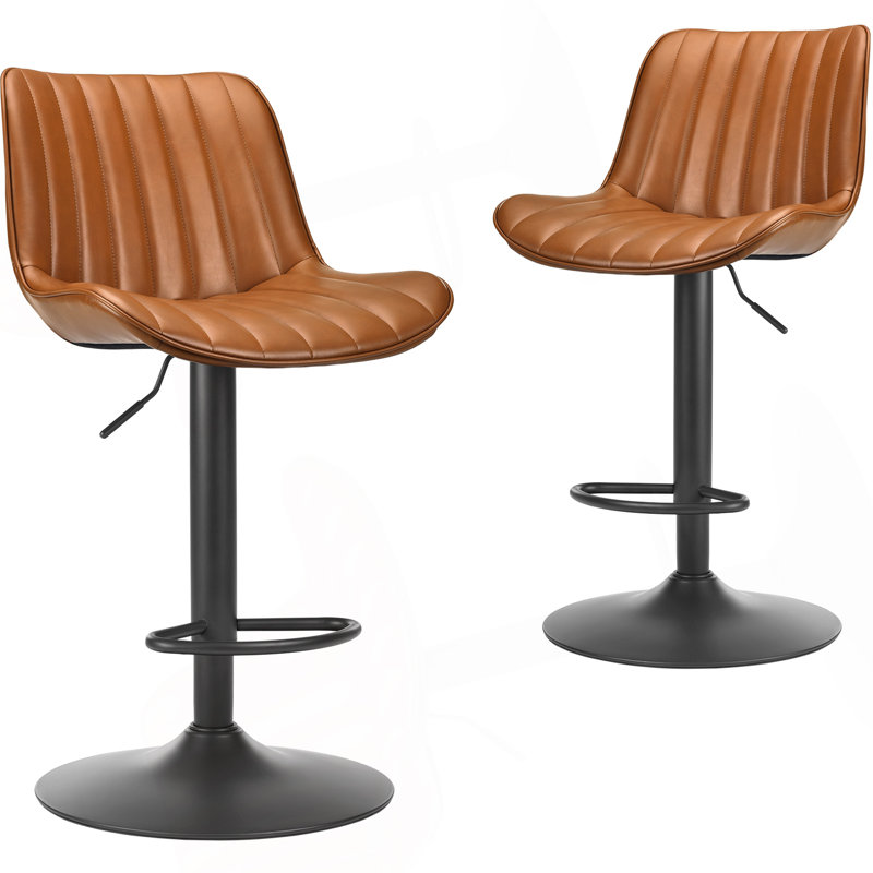 Ensemble de 2 tabourets de bar, tabourets de bar pivotants réglables, tabourets de hauteur de bar avec support pour le dos, chaises de bar à hauteur de comptoir en similicuir pour îlot de cuisine rustique