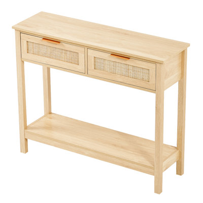 Console en rotin avec 2 tiroirs de rangement, table d'entrée en rotin avec porte coulissante en rotin naturel, table console pour salon, bureau, entrée ou mur de télévision, naturel