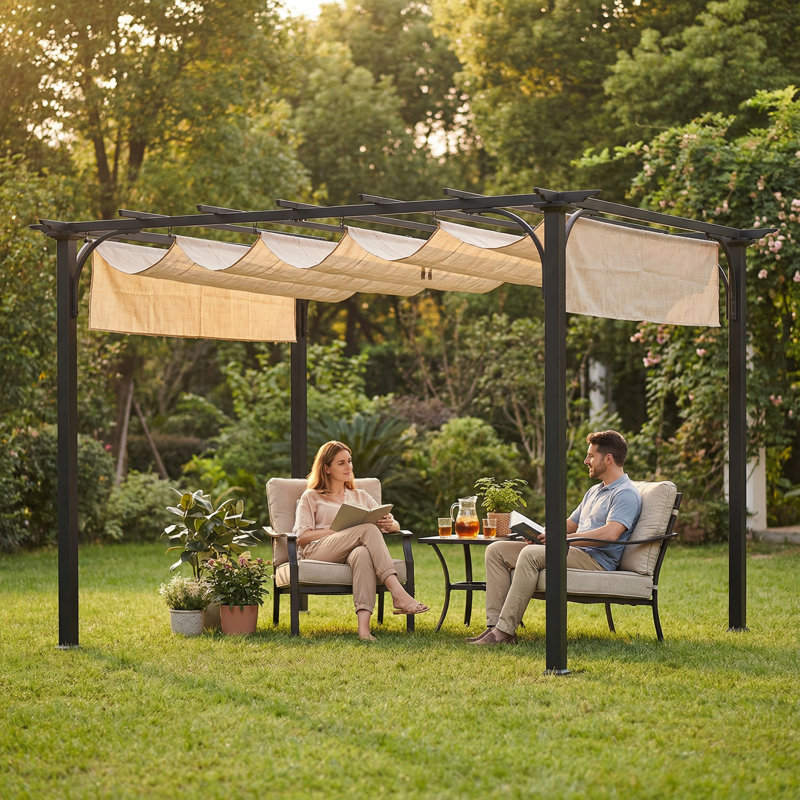 Sunjoy Naples Outdoor Pergola 9 x 12 ft. Patio Black Steel Frame Pergola with Retractable Beige Canopy Shade for Backyard
