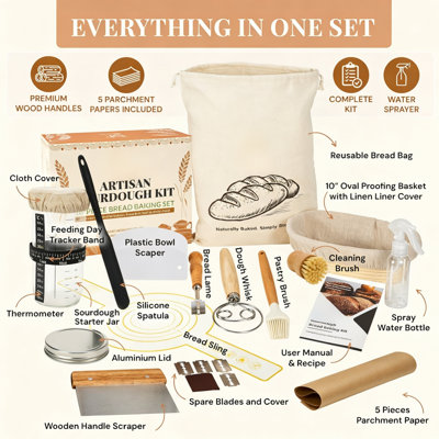 All‑in‑One Sourdough Bread‑Making Kit, 10‑Inch Oval Banneton Proofing Basket with Cloth Liner, Starter Jar, Dough Whisk & Dough Scraper, Home‑Baking Kitchen Accessories